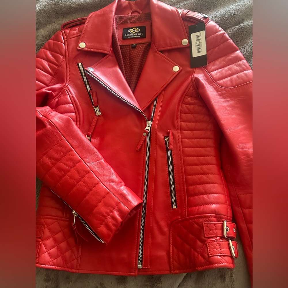 Stunning!Real  Leather True Red  new Medium Moto jacket New rare! Sold out!❤️